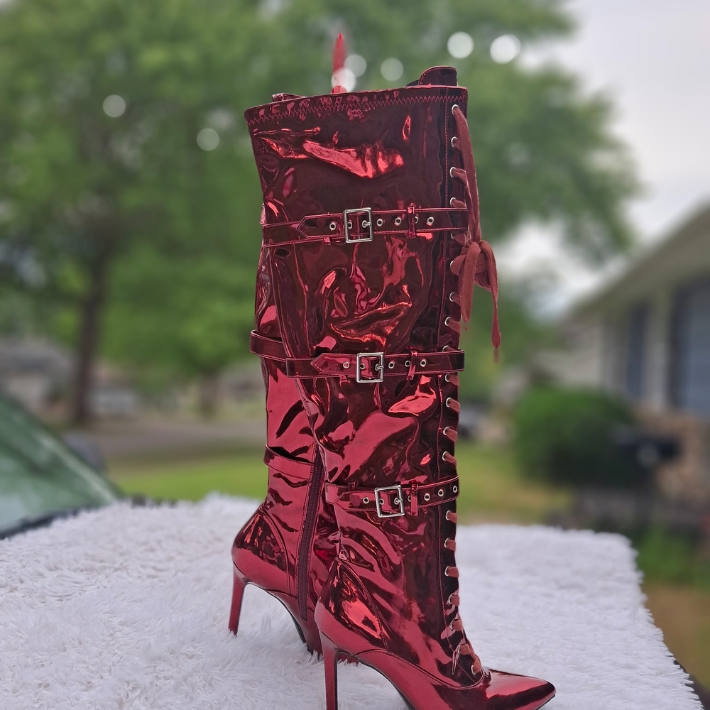 Red Patent Leather Knee-High Boots